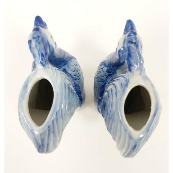 Blue and White Porcelain Rooster Pitcher Style Bud Vases - set of 2, Unmarked - Picture 5 of 6